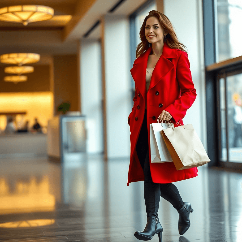 A woman in a vibrant red coat confidently walks through a chic indoor setting, carrying a shopping bag elegantly.