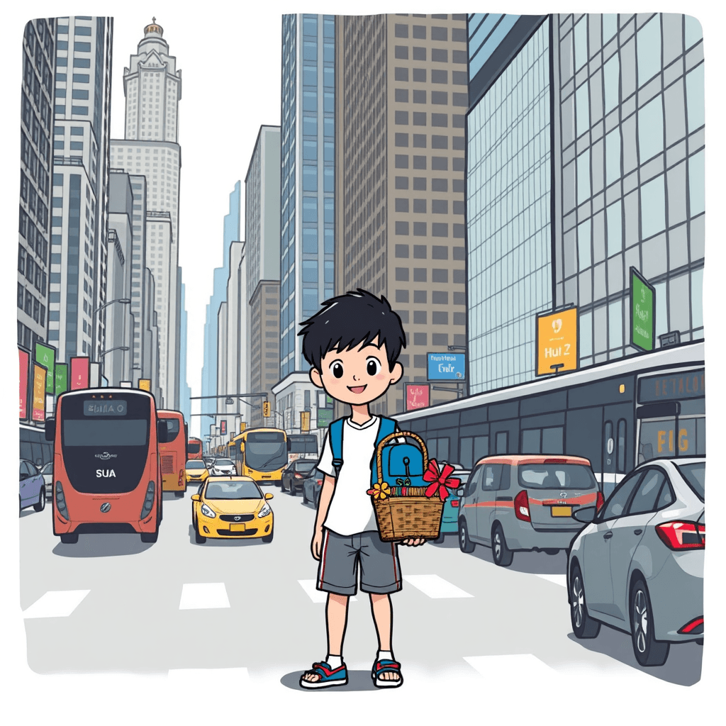 Context: A city with tall buildings and crowded streets. Various modes of transportation such as buses and cars can be seen. Character: Huy, a 10-year-old boy with short black hair, wearing a white shirt and shorts, carrying a blue backpack and holding a small gift basket. Main colors: Gray and blue, with colorful accents from Huy's clothing and the gift basket.
