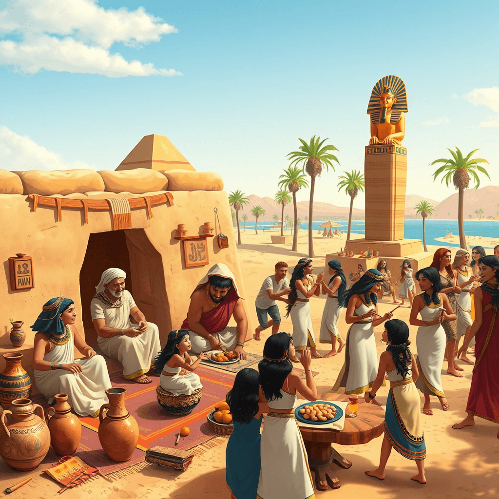 A vibrant scene of family life and festivities in ancient Egypt. It shows an Egyptian family in a domestic setting, with parents, children and grandparents gathered in an adobe house decorated with typical details of the period, such as woven rugs and jugs of pottery Family members are dressed in linen robes and simple jewelry, engaging in activities such as cooking, talking and playing. Elsewhere in the image, an Egyptian festival is depicted with people dancing to the rhythm of traditional instruments such as flutes and drums. Add details such as tables with offerings of fruits, breads and wine, and festive decorations such as garlands of lotus flowers. In the background, it shows a statue of an Egyptian god, such as Hathor or Bes, observing the celebration, reflecting the connection between what. everyday and the divine. The atmosphere should be cheerful and colorful, under a clear and sunny sky, with palm trees and the Nile in the distance.