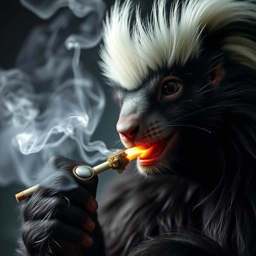 a close up shot of skunk smoking weed, holding a joint with visible fire and smoke