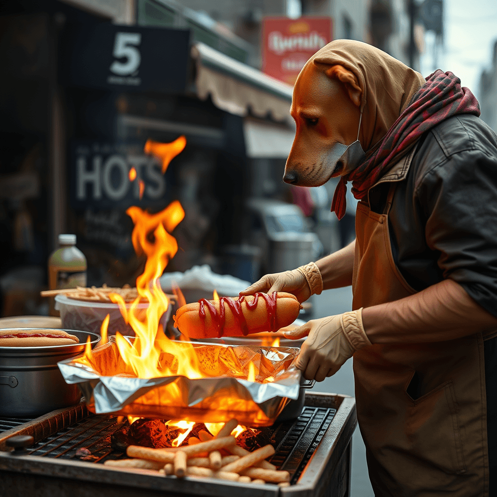 Do a realistico dog cooking in the street a hotdog