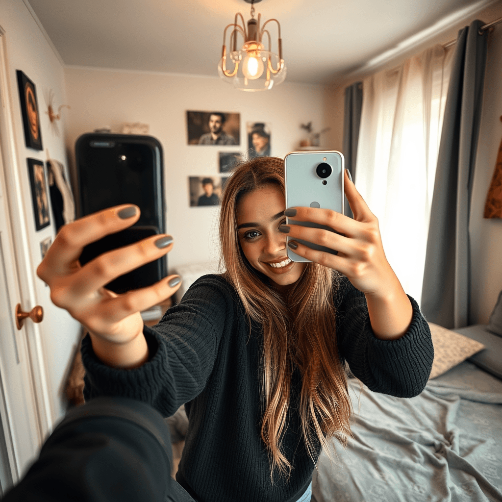 una chica rubia muy guapa haciendose un selfie en su habitacion 