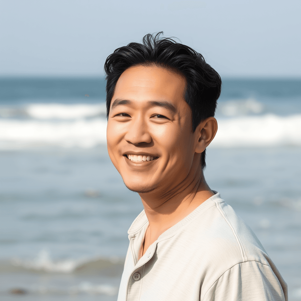 a photo of 40 yo handsome Taiwanese man, sea shore background