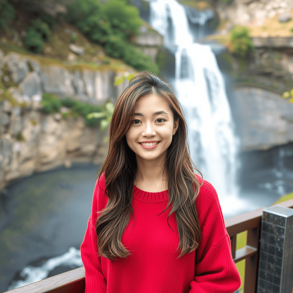 photo of a Japanese woman wearing a red sweater overlooking a waterfall with styled hair and a cheeky smile