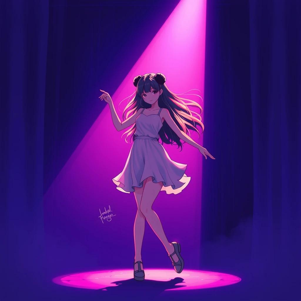 A girl dancing under a spotlight, drawn in the style of modern anime. 80s neon colors, dramatic shadows, ethereal stage lighting