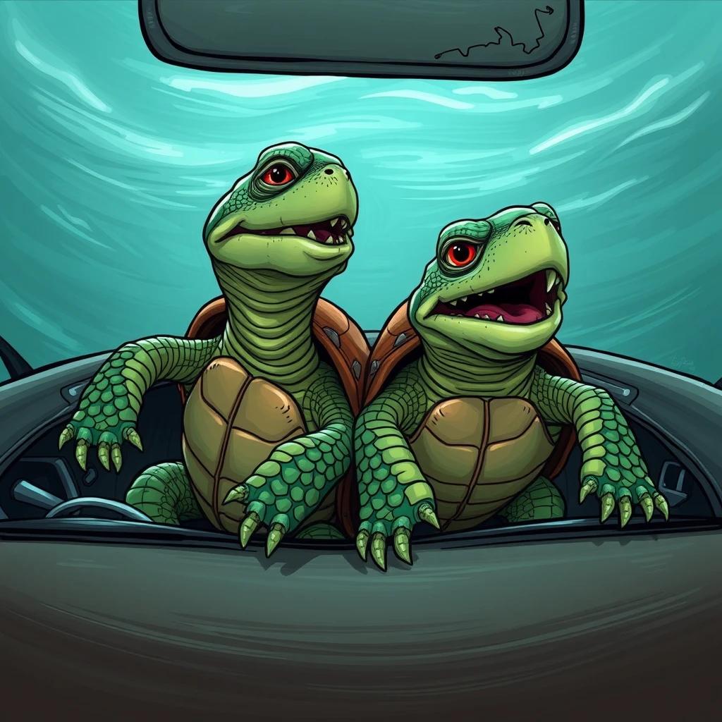 two turtle monster in the car