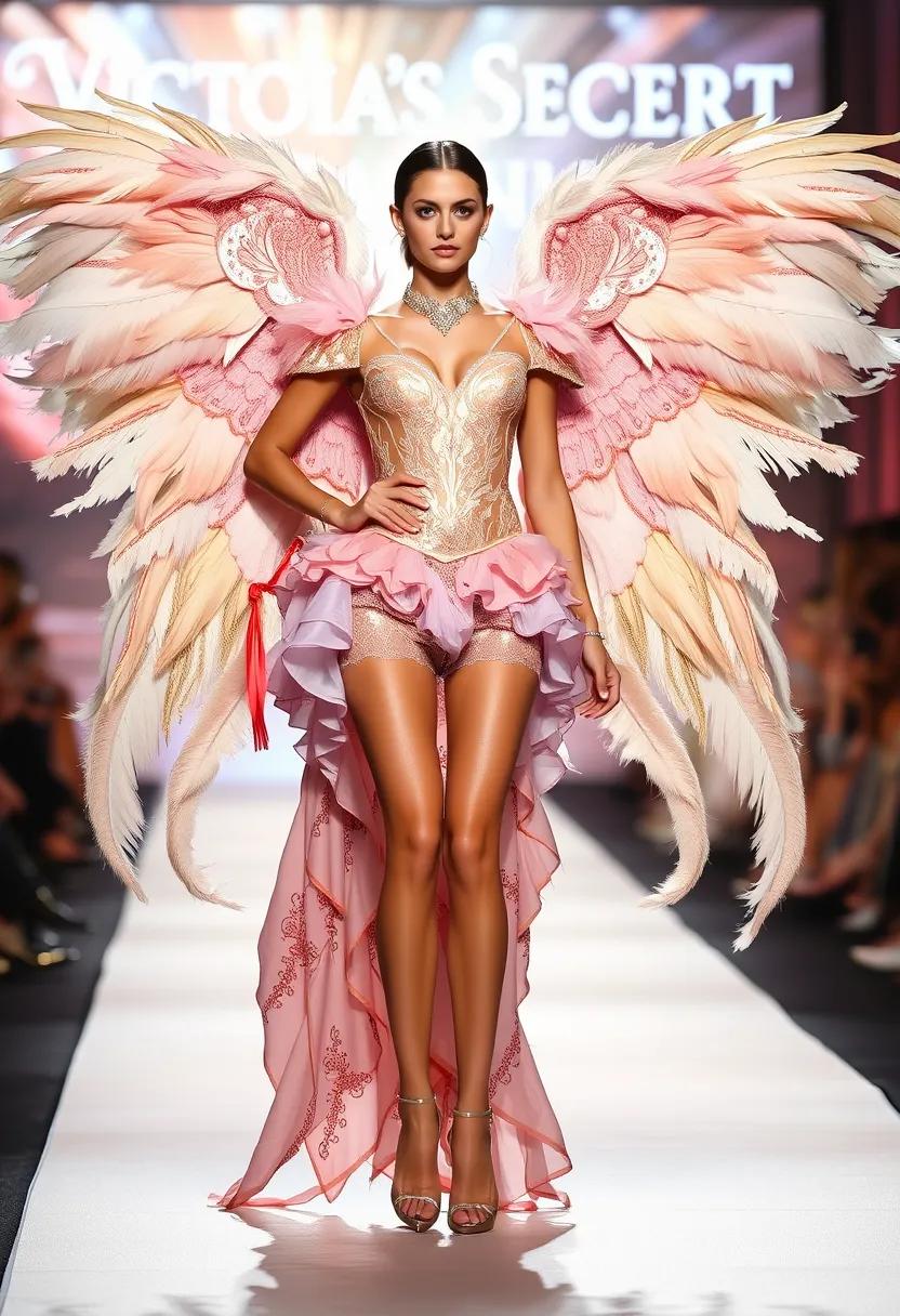 A stunning angelic model commands attention on the Victoria’s Secret runway. Her ensemble, a dazzling tribute to classic glamour, features opulent layers of shimmering pink and gold fabric, adorned with intricate lace details and a cascade of delicate, feather-like embellishments. The look is completed with a dramatic pair of angel wings and sparkling stiletto heels.