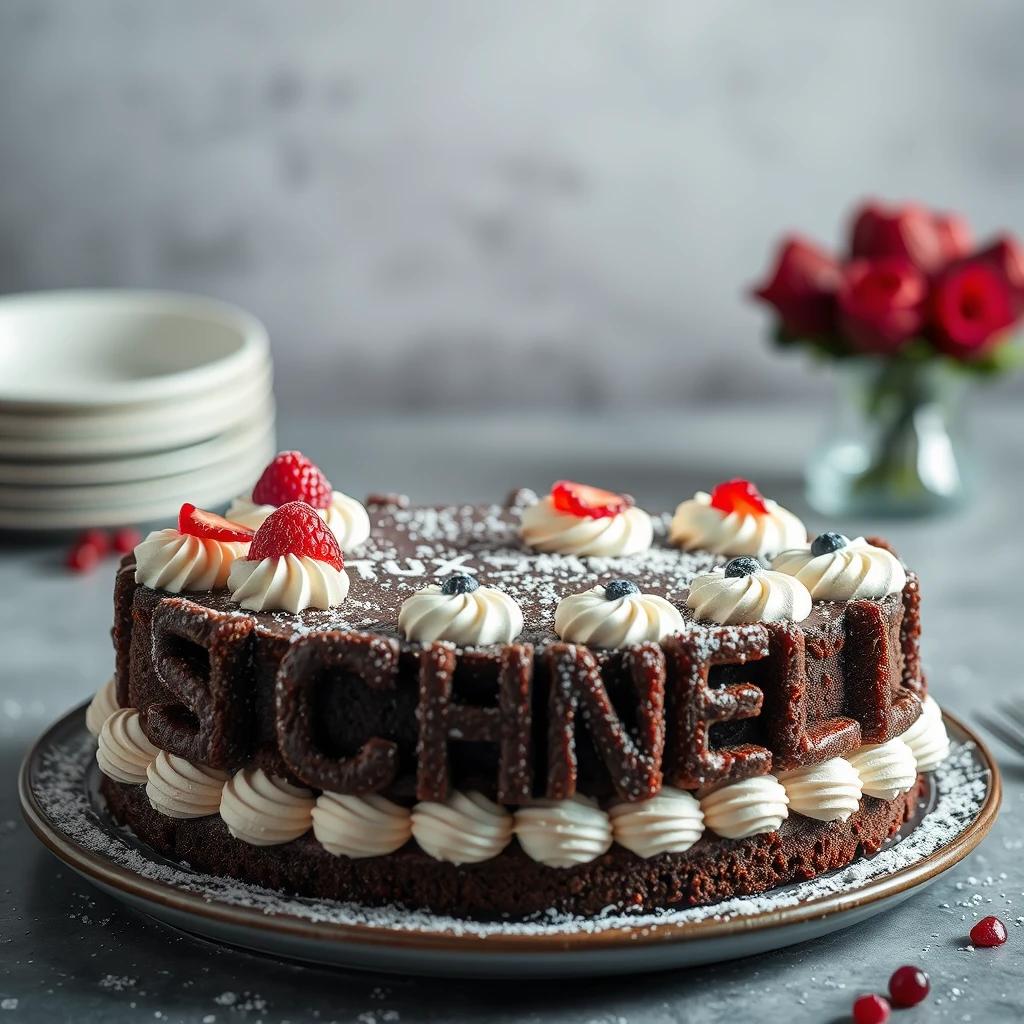 black forest gateau cake spelling out the words "FLUX SCHNELL", tasty, food photography, dynamic shot