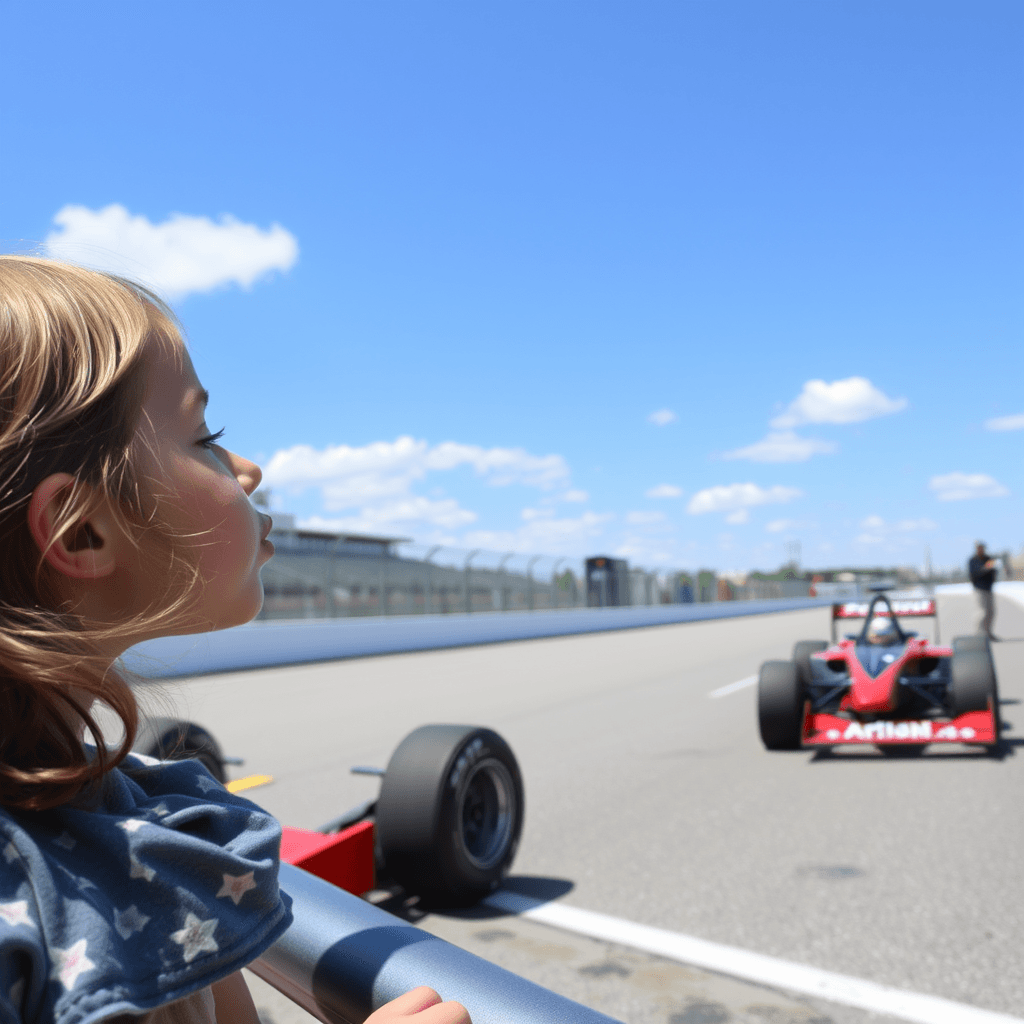 a photograph of a young girl watching a race car while blowing a kiss