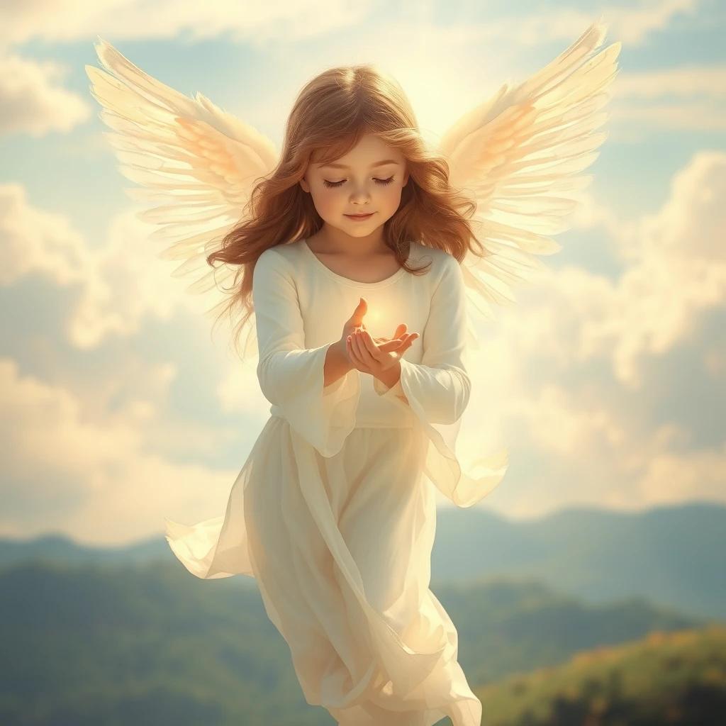 A beautiful, ethereal girl with angelic wings, floating gently above a serene landscape. She has a compassionate, soothing expression as she extends her hand to touch and heal people in need. The scene is filled with soft, radiant light emanating from her, creating a warm and comforting atmosphere. The background features a harmonious blend of gentle clouds and a peaceful, dreamlike sky, symbolizing the relief and comfort she brings to the world. Her attire is delicate and flowing, embodying grace and benevolence. The overall mood is one of hope, serenity, and divine compassion.
