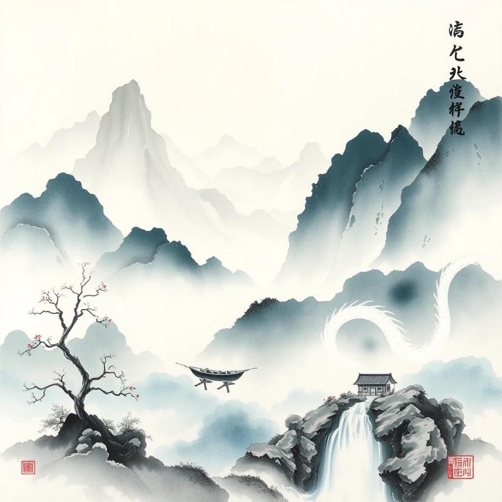 A Chinese light-color ink painting that includes mountains, water, a waterfall, a boat, and a small house. The white silk-like Milky Way and the white dragon compete to search for the mysterious whispers in new craftsmanship. My heart desires to search where nothing has been found, and to be moved into the exquisite and serene depths