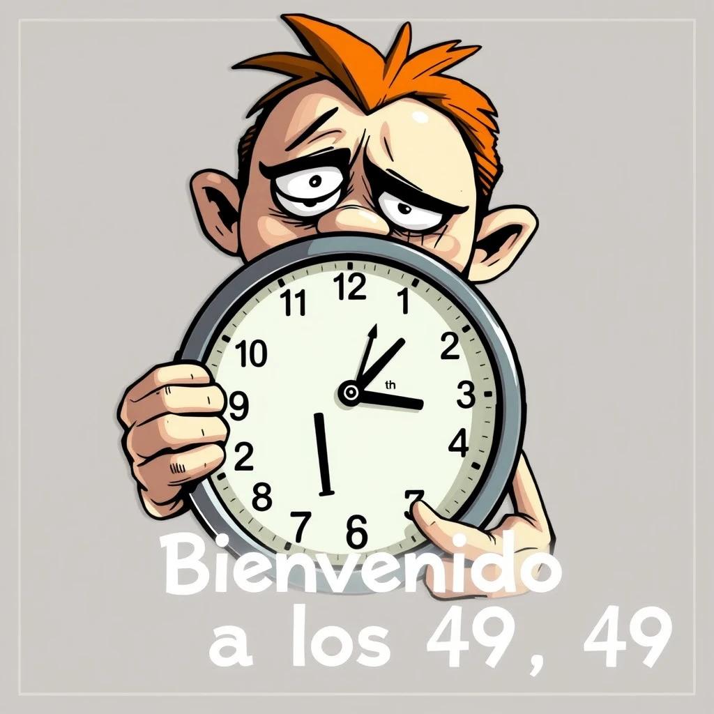 A character with a look of desperation holding a clock, with the date 'January 1st' and the phrase "Bienvenido a los 49"