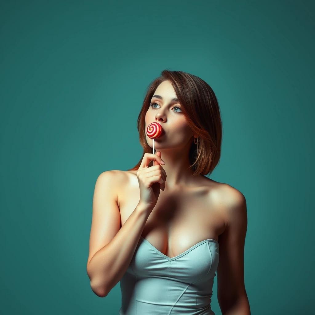 sexy woman, perfect body, wearing a short dress, licking sensually a lollipop