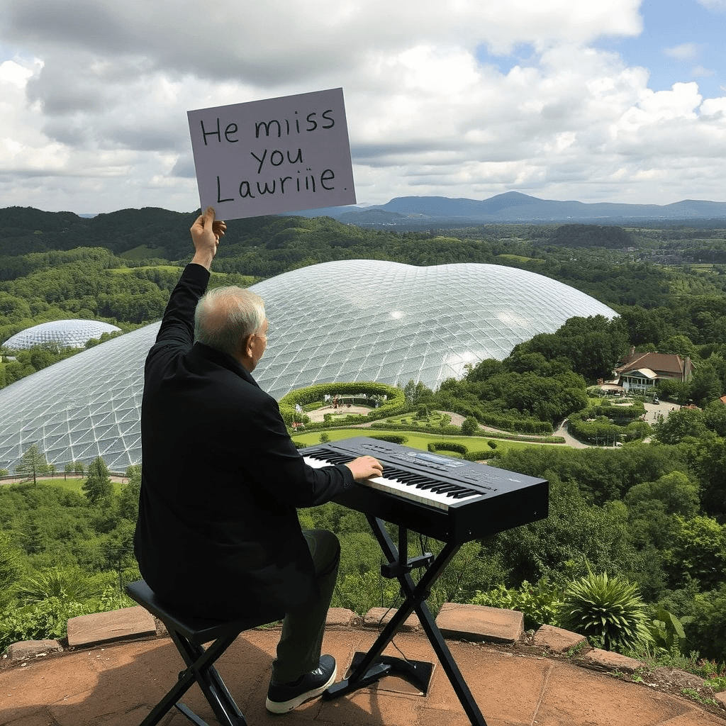 Hans zimmer plays keyboard over the Eden project holding up a sign saying ‘miss you Laurie’