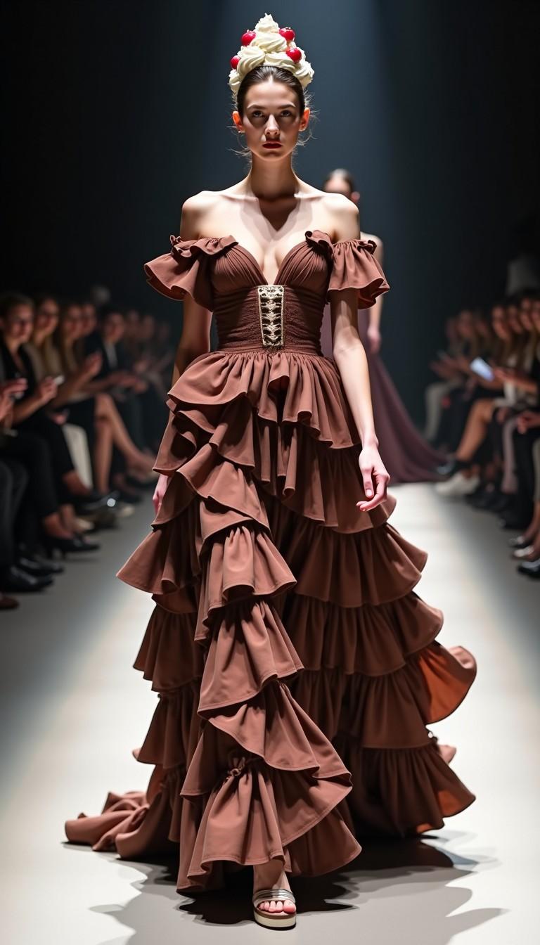 A statuesque model strides confidently down the Milan Fashion Week runway. Her ensemble, a breathtaking ode to the Schwarzwälder Kirschtorte, features layers of rich, chocolate-brown fabric, adorned with delicate cherry-red accents and a cascade of faux whipped cream ruffles.