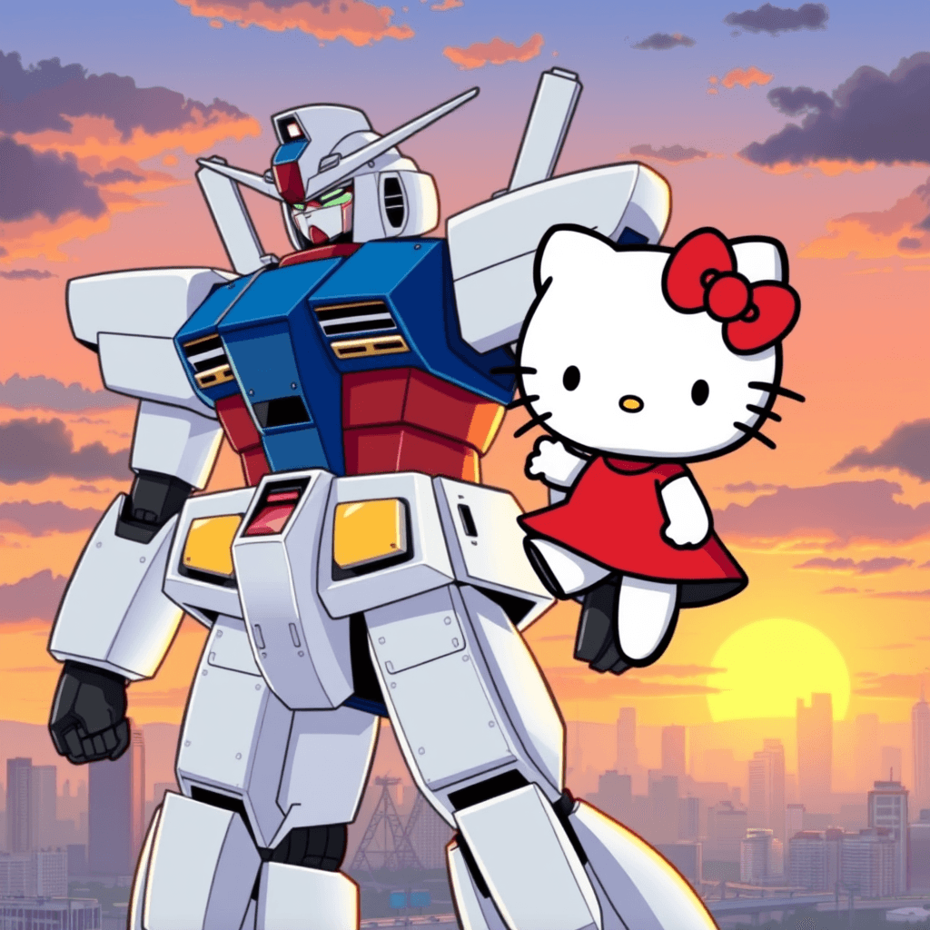 Hello Kitty is wearing her iconic red dress, standing on the right shoulder of a giant blue and white Gundam robot. The Gundam robot is in a standing position. The background features a futuristic city skyline, looking especially beautiful under the afterglow of the setting sun. The entire scene is in the classic Sanrio cartoon style."