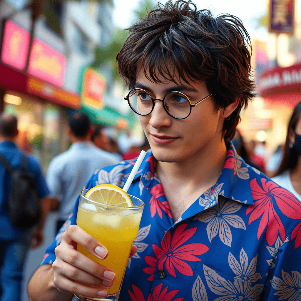 Harry Potter wearing Miami Mafia blue Hawaiian shirt, lemonade in hand, street photography, American