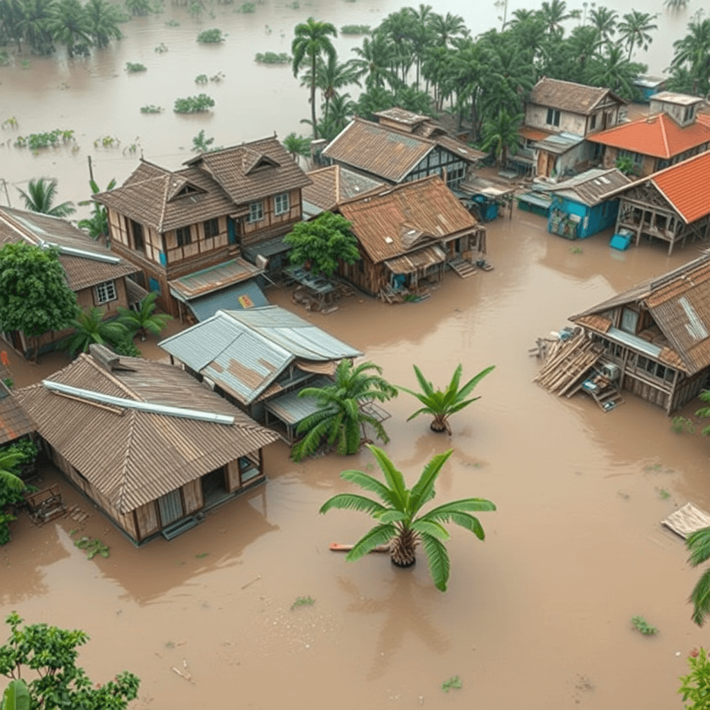 Floods, typhoons causing varying degrees of damage to village buildings, from 3d angle