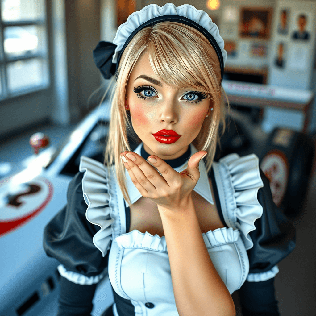 attractive  lady with blonde hair and green eyes wearing a maid outfit blowing a kiss with a racing car in the background