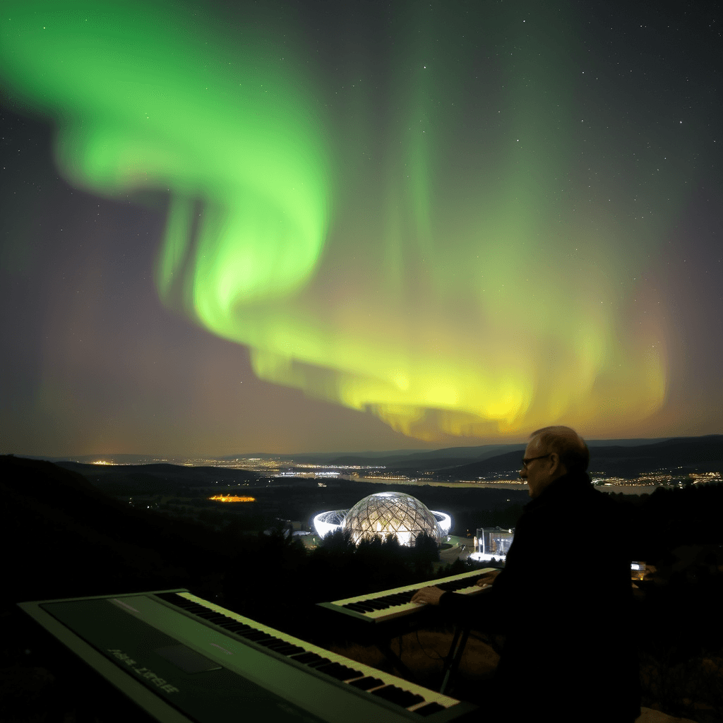 Hans zimmer standing at a keyboard over the Eden project with northern lights in the sky holding a message ‘Chris and Laurie’