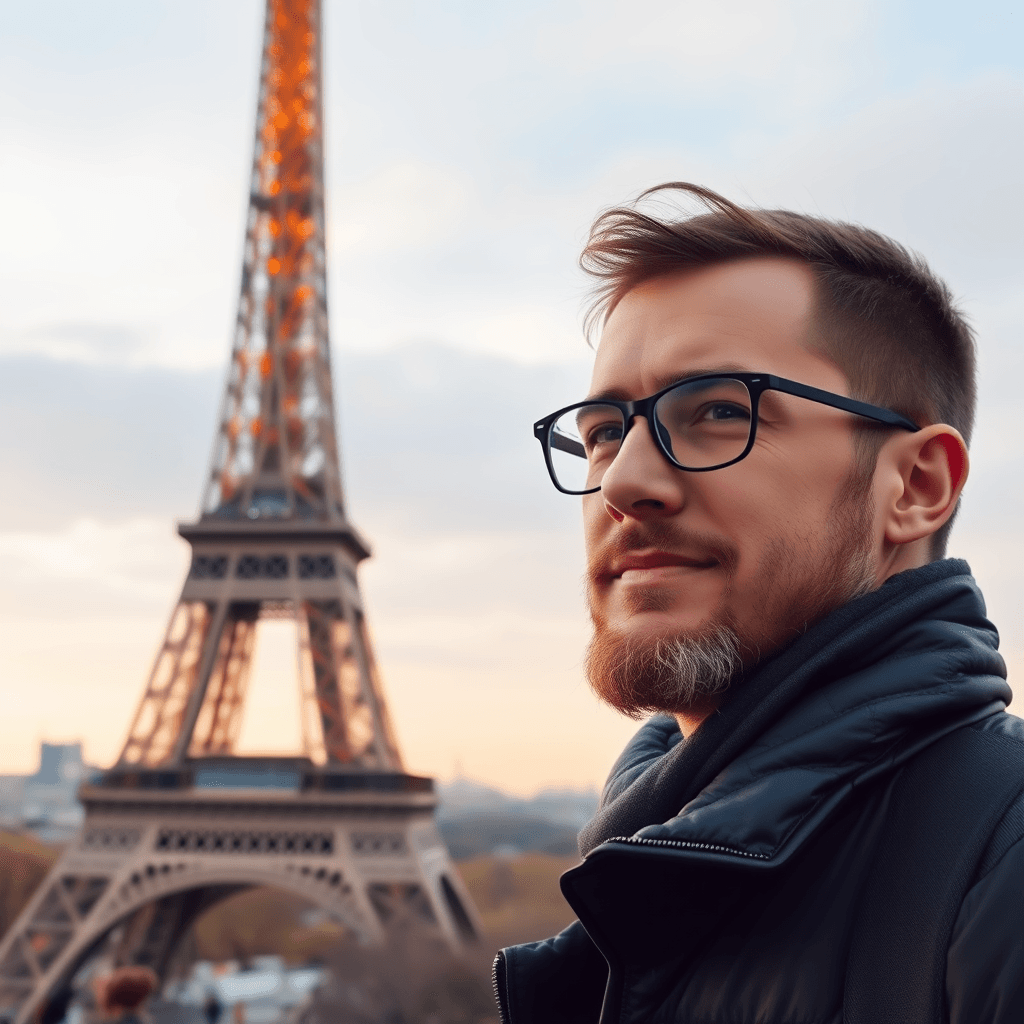 A picture of a man Eiffel Tower in Paris