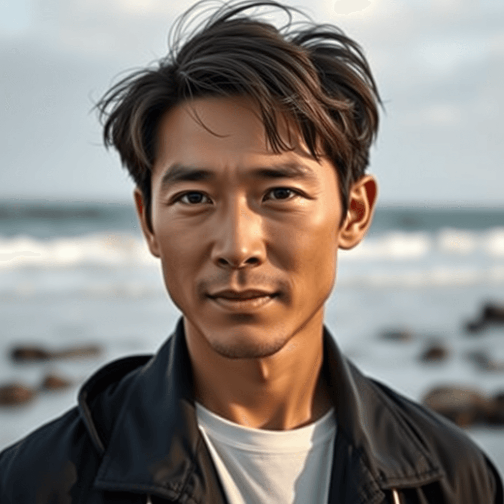 40 yo handsome Taiwanese man, hyper realistic, portrait, sea shore background