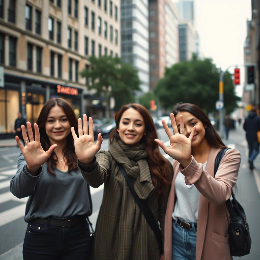 filmic photo of a group of three women on a street downtown, they are holding their hands up the camera