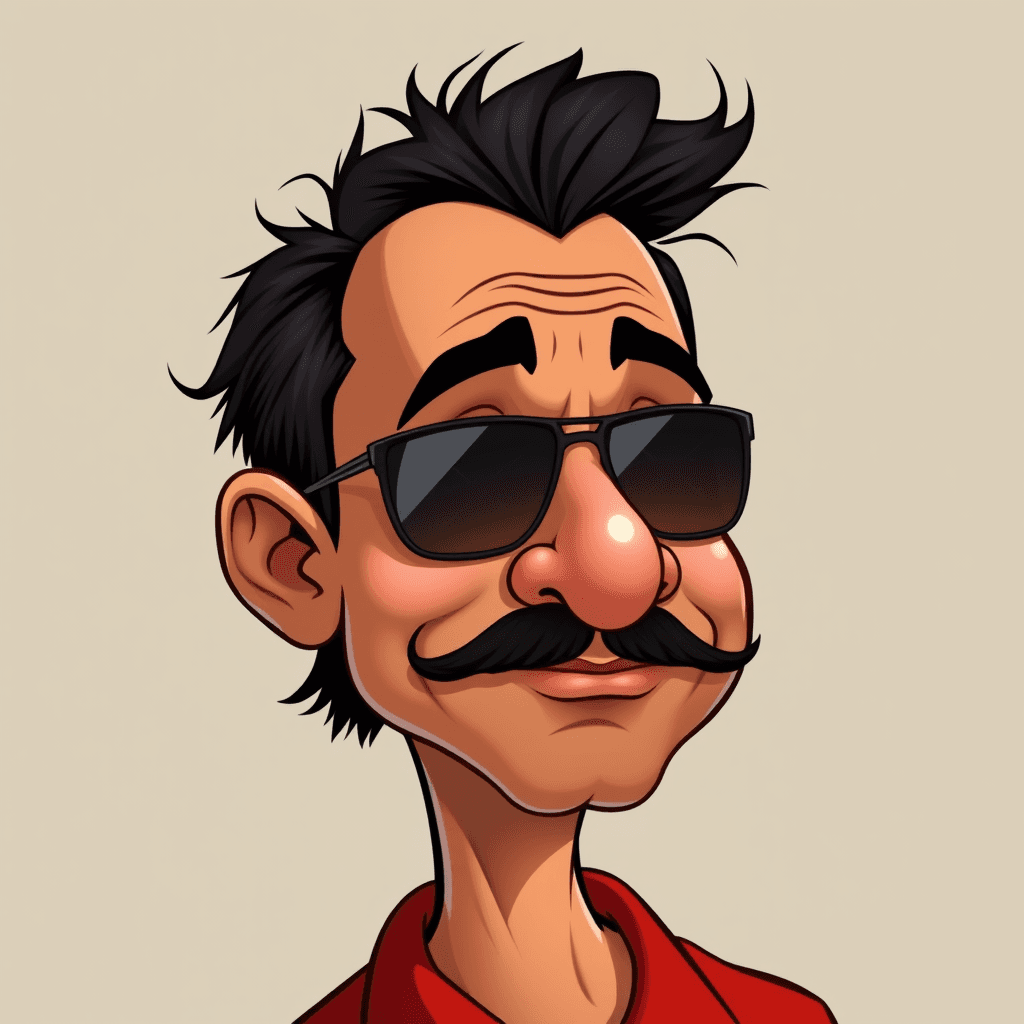 Exaggerated cartoon caricature of Indian man with side hairs bald head, simple moustache, wearing red shirt and sunglasses