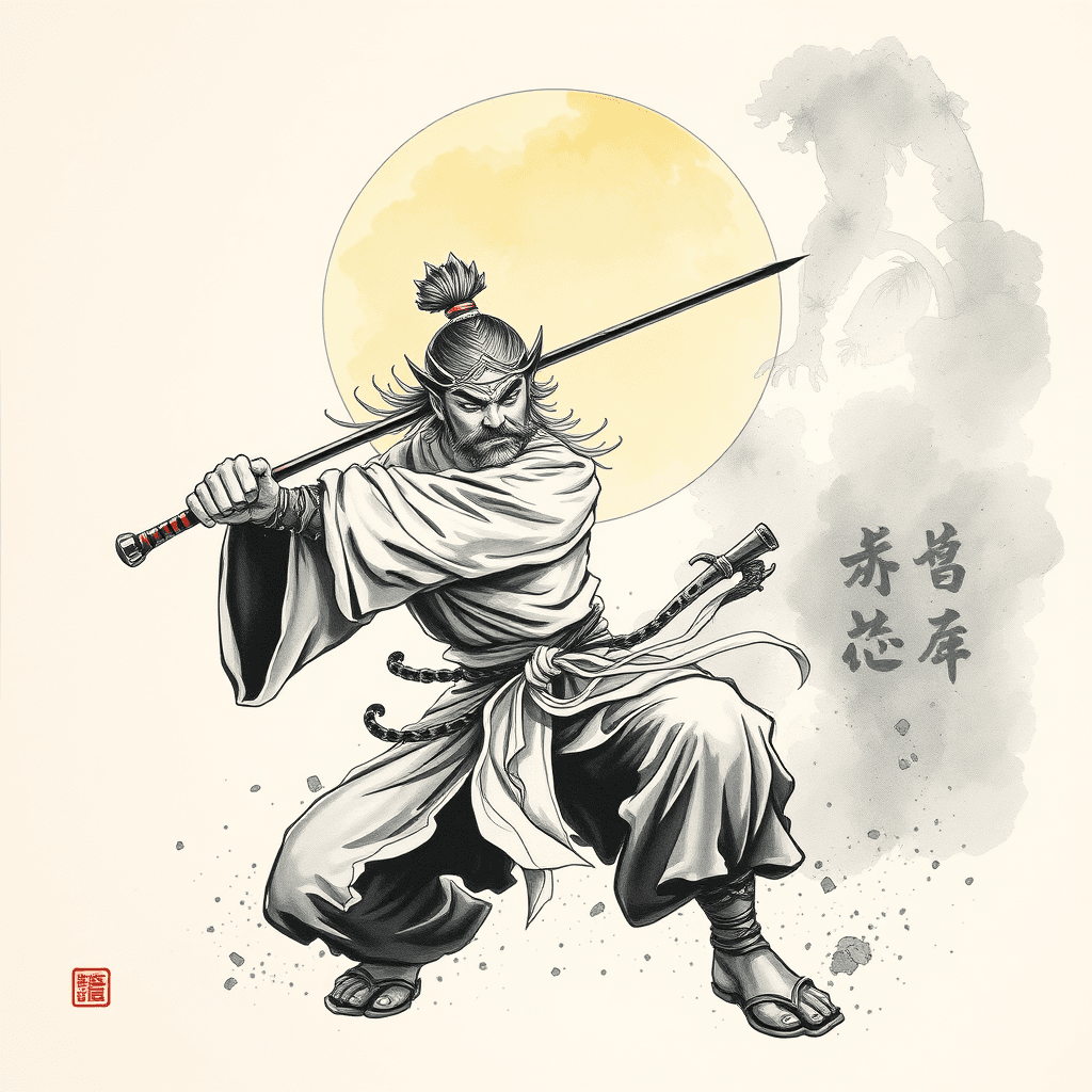 Wukong, ink painting, Dynamic pose