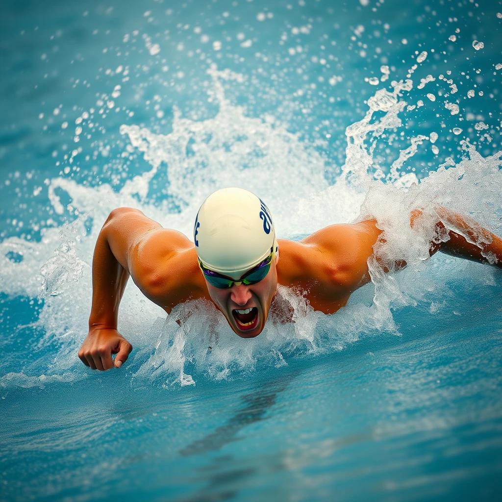 A dynamic shot of an Olympic champion giving their all in the water, capturing the intense moment of pursuit. The vivid depiction of powerful strokes and splashing water conveys the thrilling atmosphere of the race, showcasing the ultimate speed and strength in action