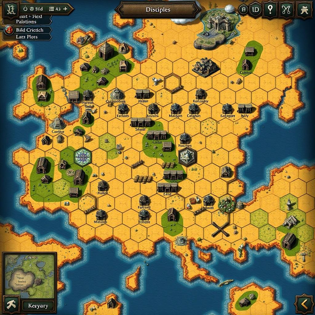 Screenshot of a world map screen from a 2D turn-based 4x strategy game in medieval setting with hexagonal tiles in Disciples 2 style