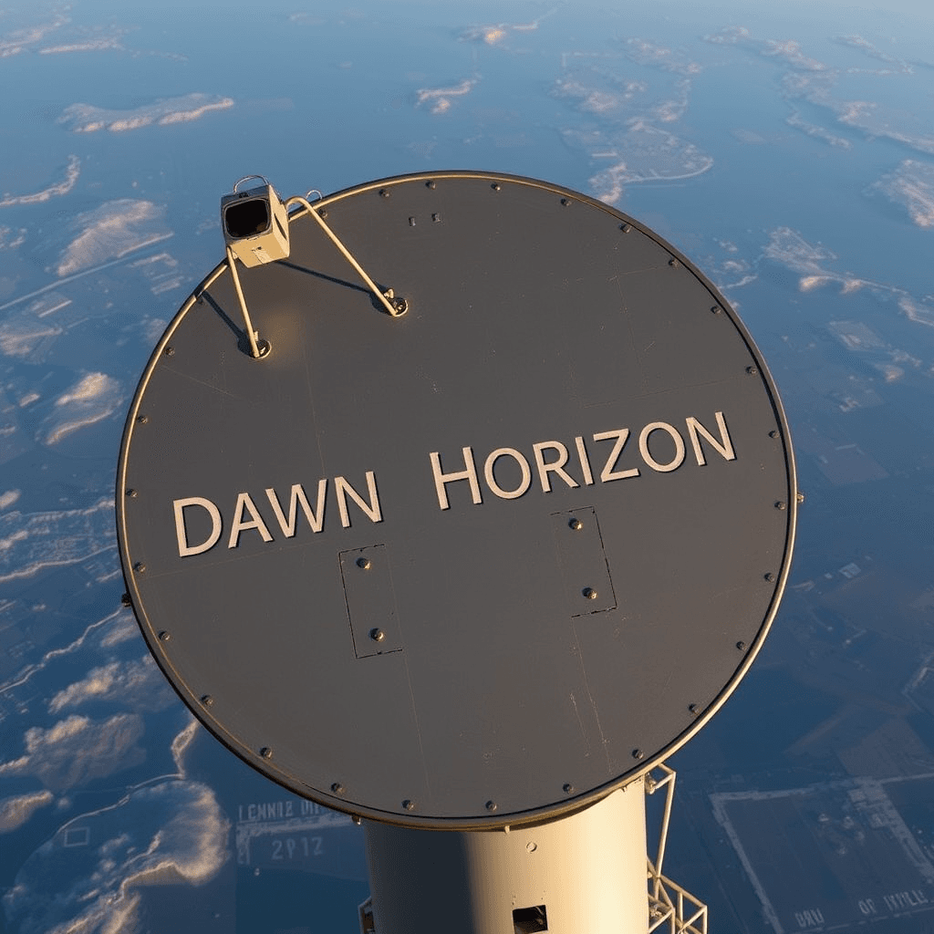  a military satellite with the name "Dawn Horizon" etched on its side