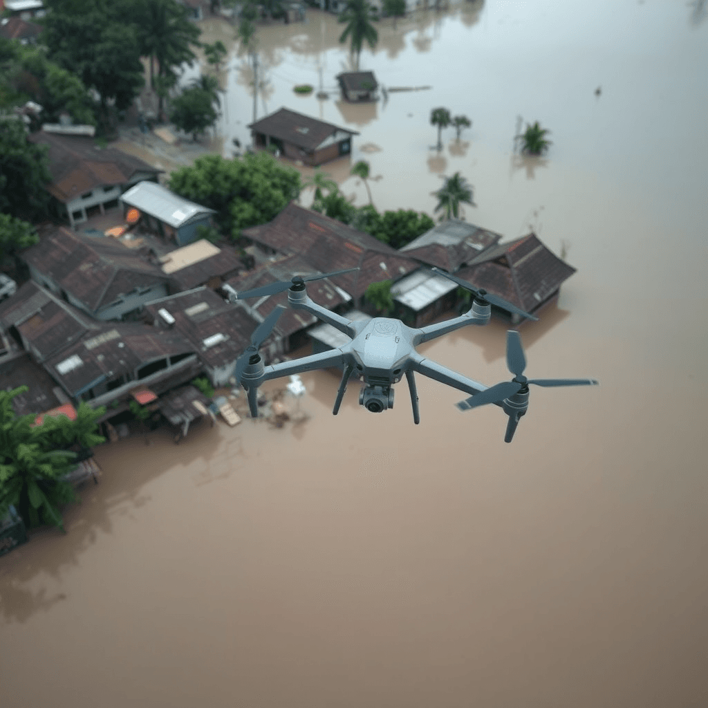 Meanwhile, a drone is mapping the damage at high altitude.：“Floods, typhoons causing varying degrees of damage to village buildings, 2.5d angle，Meanwhile, a drone is mapping the damage at high altitude.”