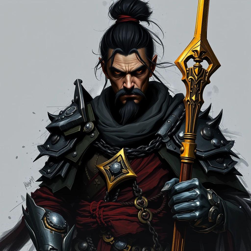 Conceptual free art illustration, dark style with contrasting colors, inspired by 'Black Myth: Wukong,' featuring a surreal, brushstroke-heavy, large brushwork style with rhythm and movement. The character has a weathered face and sharp eyes, depicted as a dark game character in a half-body portrait, wearing intricate armor and a complex battle robe, wielding a golden staff. The image portrays a face weathered by countless hardships. The style is inspired by the free digital artist and Polish illustrator Piotr Jablonski (Gray King), with elements of 'Diablo' and 'Destiny,' creating an eerie, terrifying, solitary, and majestic atmosphere. The color saturation is very low, resulting in a very gray image."






