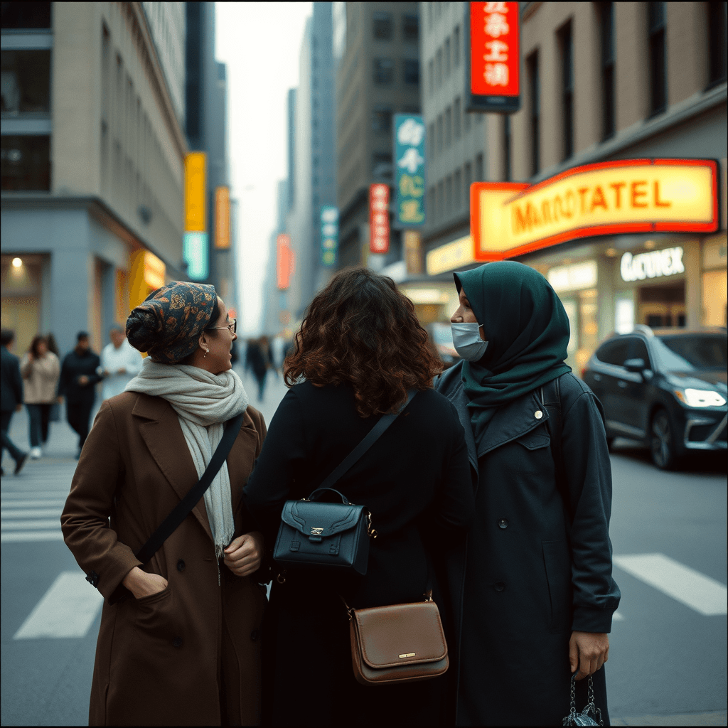 filmic photo of a group of three women on a street downtown