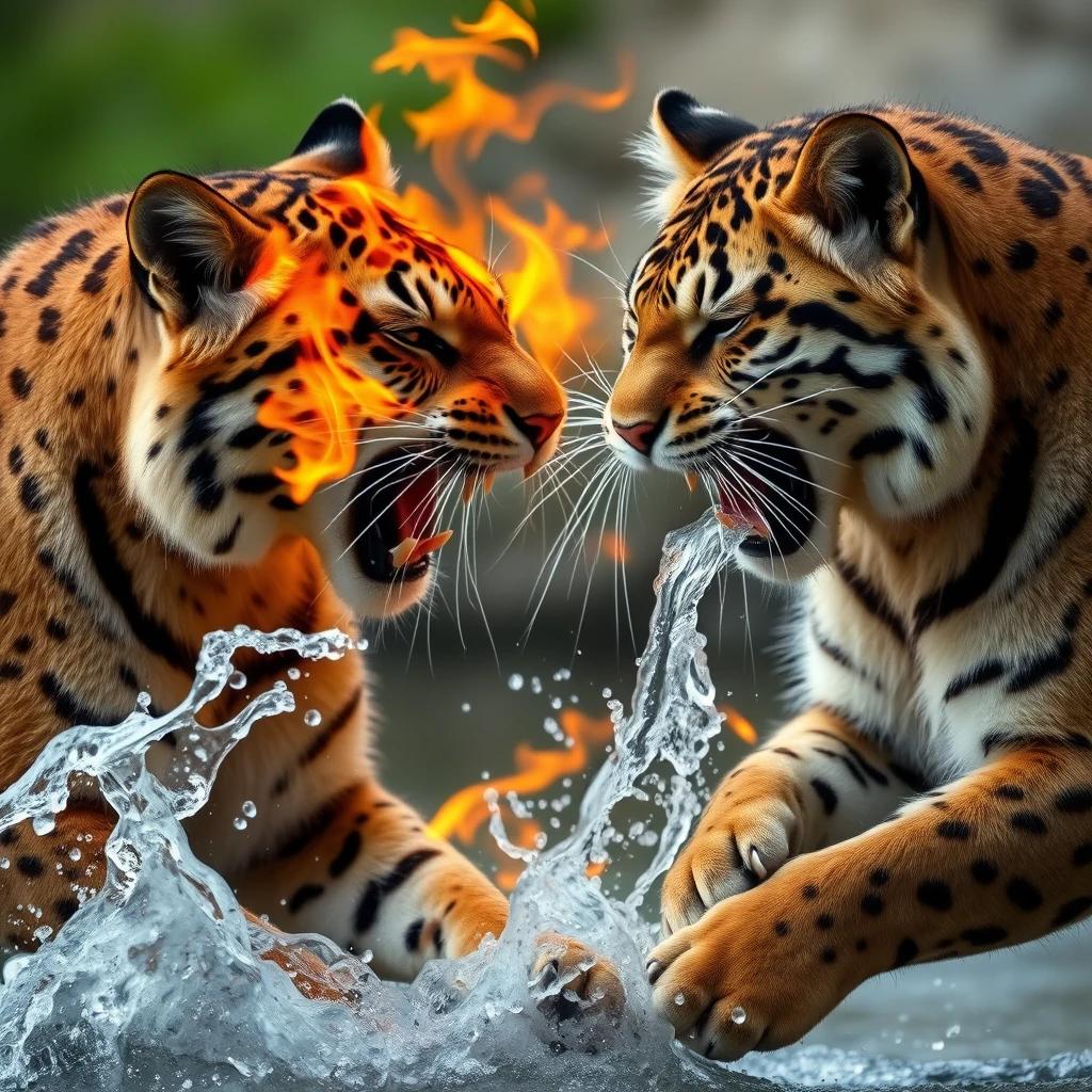 Two big cats that are very photogenic are fighting, one is breathing fire and the other is breathing water.