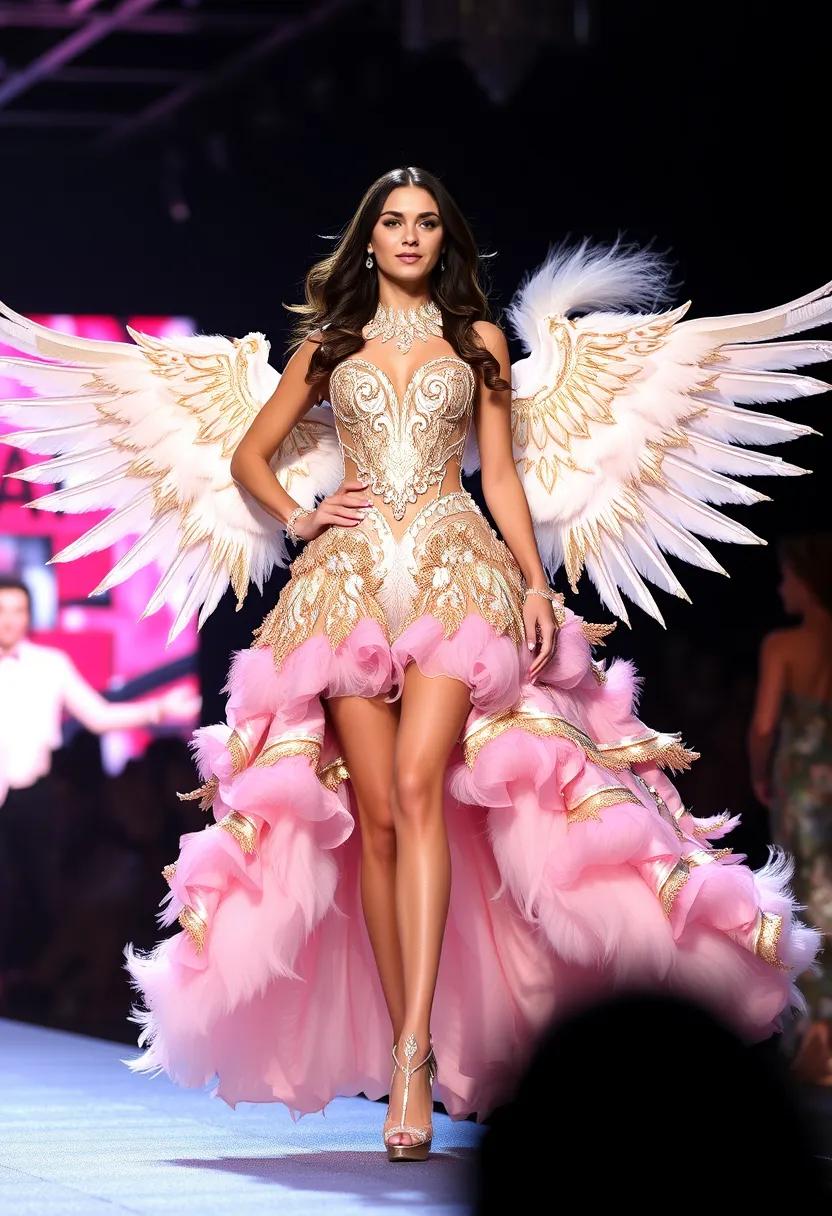 A stunning angelic model commands attention on the Victoria’s Secret runway. Her ensemble, a dazzling tribute to classic glamour, features opulent layers of shimmering pink and gold fabric, adorned with intricate lace details and a cascade of delicate, feather-like embellishments. The look is completed with a dramatic pair of angel wings and sparkling stiletto heels.