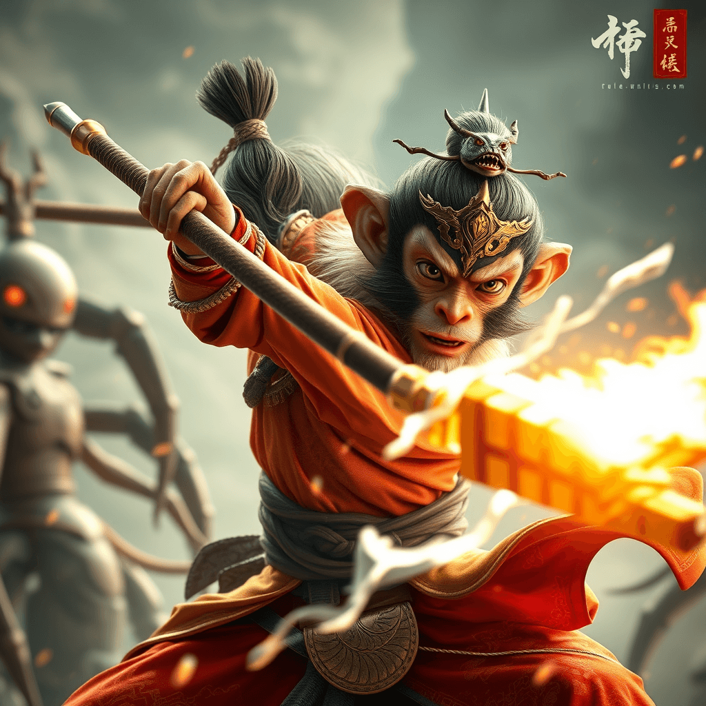 Create a high-resolution 4K image of Sun Wukong, the Monkey King from Chinese mythology, wielding his magical staff, Ruyi Jingu Bang. The scene should depict Sun Wukong engaged in the battle against the Spider Demons, showcasing a dynamic and action-packed moment from the 'Three Battles with the Spider Demons' episode. The image should capture the intricate details of Sun Wukong's traditional attire, his fierce expression, and the dramatic energy of the battle. Ensure the background is richly detailed and complements the intense action, emphasizing the high quality and vibrancy of the scene.