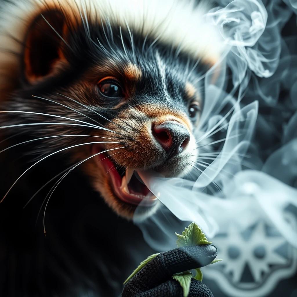 a close up shot of skunk smoking weed. engulfed in smoke, showing euphoria and happyness