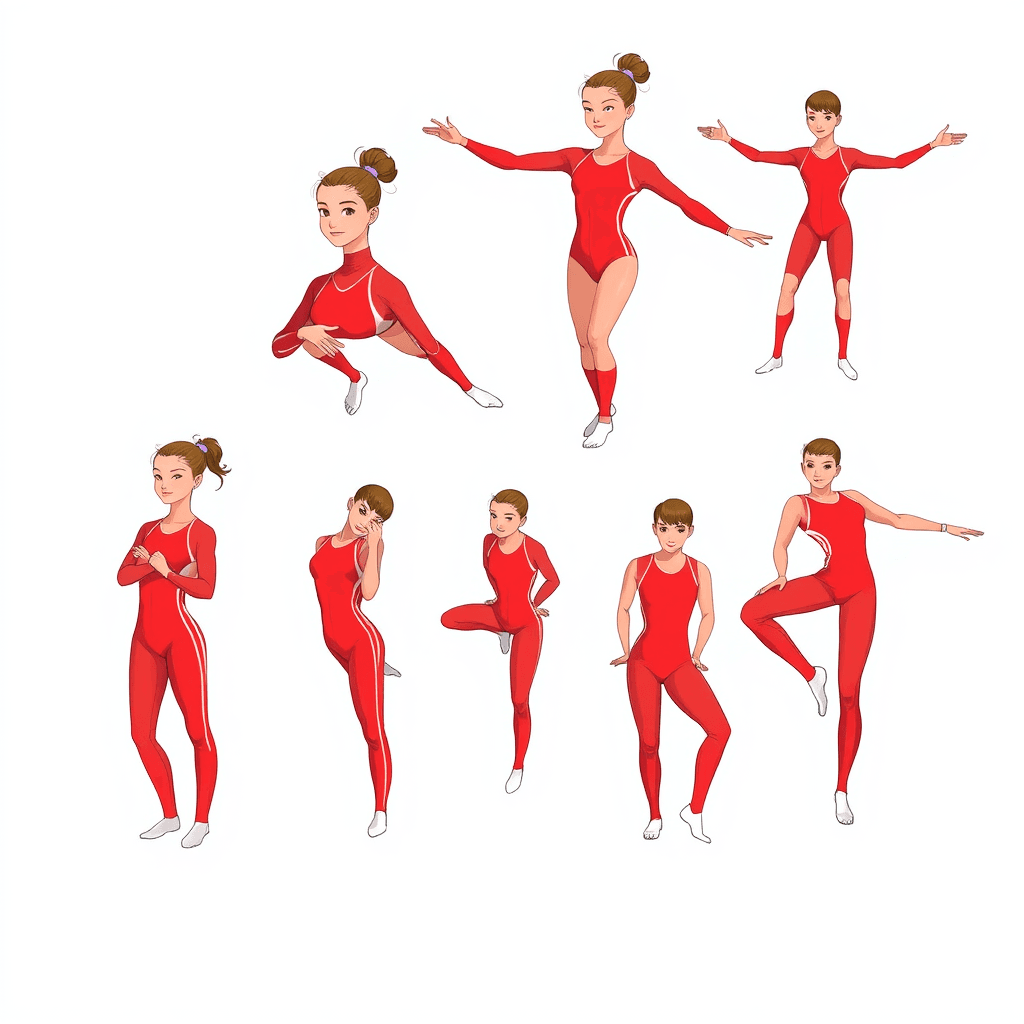 create red tracksuit. The tracksuit will have white stripes. Create 10 different gymnastics movement moves. Create in hand-drawn and 2D style.