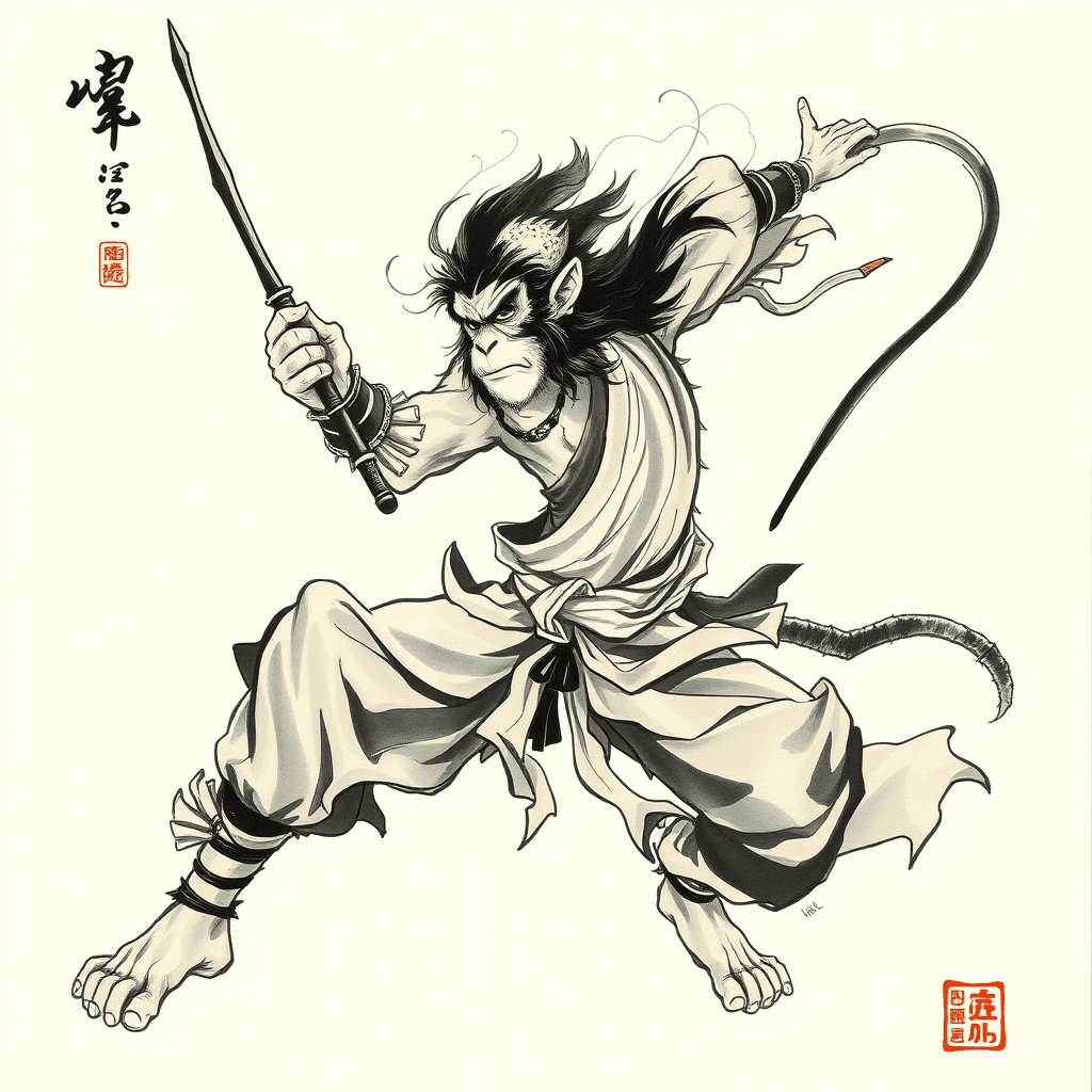 Wukong, ink painting, Dynamic pose, monkey , journey to the west