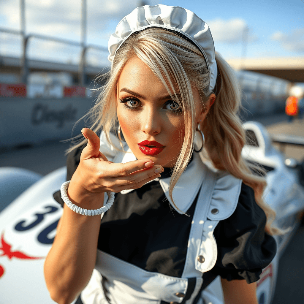 attractive lady with blonde hair and green eyes wearing a maid outfit blowing a kiss with a racing car in the background.   dynamic shot