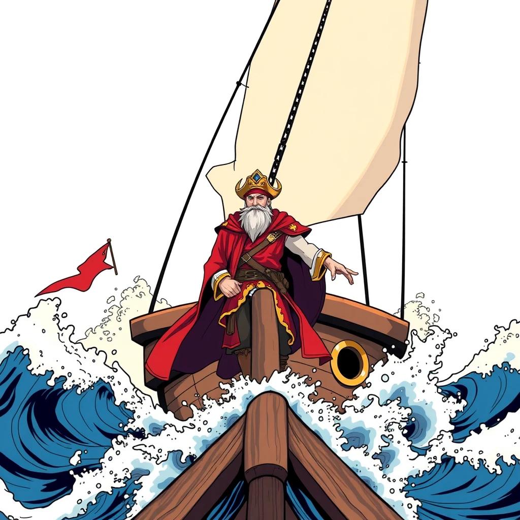 A pirate king standing at the bow of a ship, illustrated in the style of dynamic manga art. Bold linework, vibrant colors, energetic ocean waves