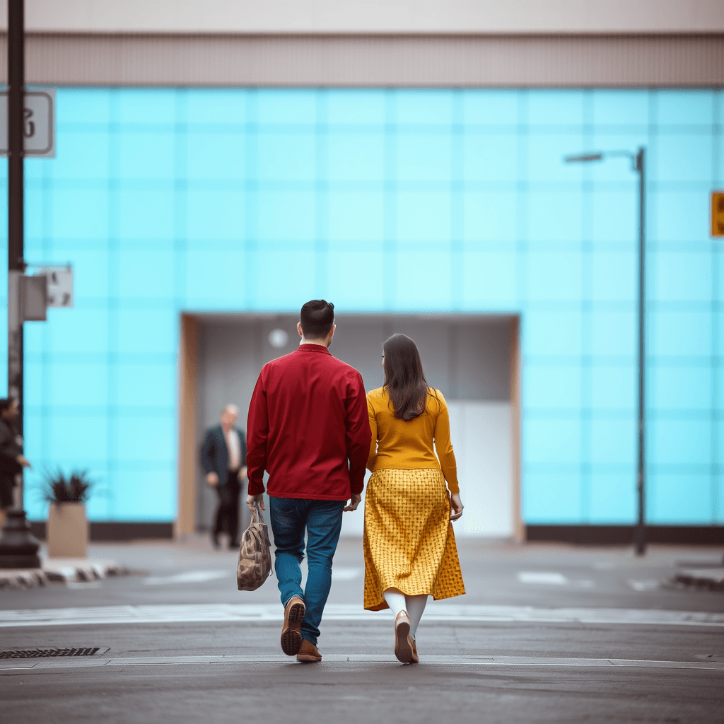 a man and a woman walking in the street together