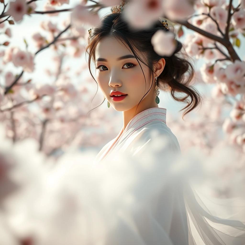 A Chinese-style portrait photograph of an otherworldly beauty in ancient attire. The lower part of the image is enveloped in white mist, set in a bright environment with clouds surrounding her. Shot with a Canon camera at 135mm, aperture, the image is an ultra-realistic post-processed masterpiece. It's a long shot, wide shot capturing a beautiful fairy dancing gracefully among the clouds in a peach blossom paradise, with pink peach trees and a white flowing dress. The foreground is blurred, highlighting her beautiful cheeks. The image is of high quality, a masterpiece of exceptional craftsmanship, rendered in ultra-high definition, 8K