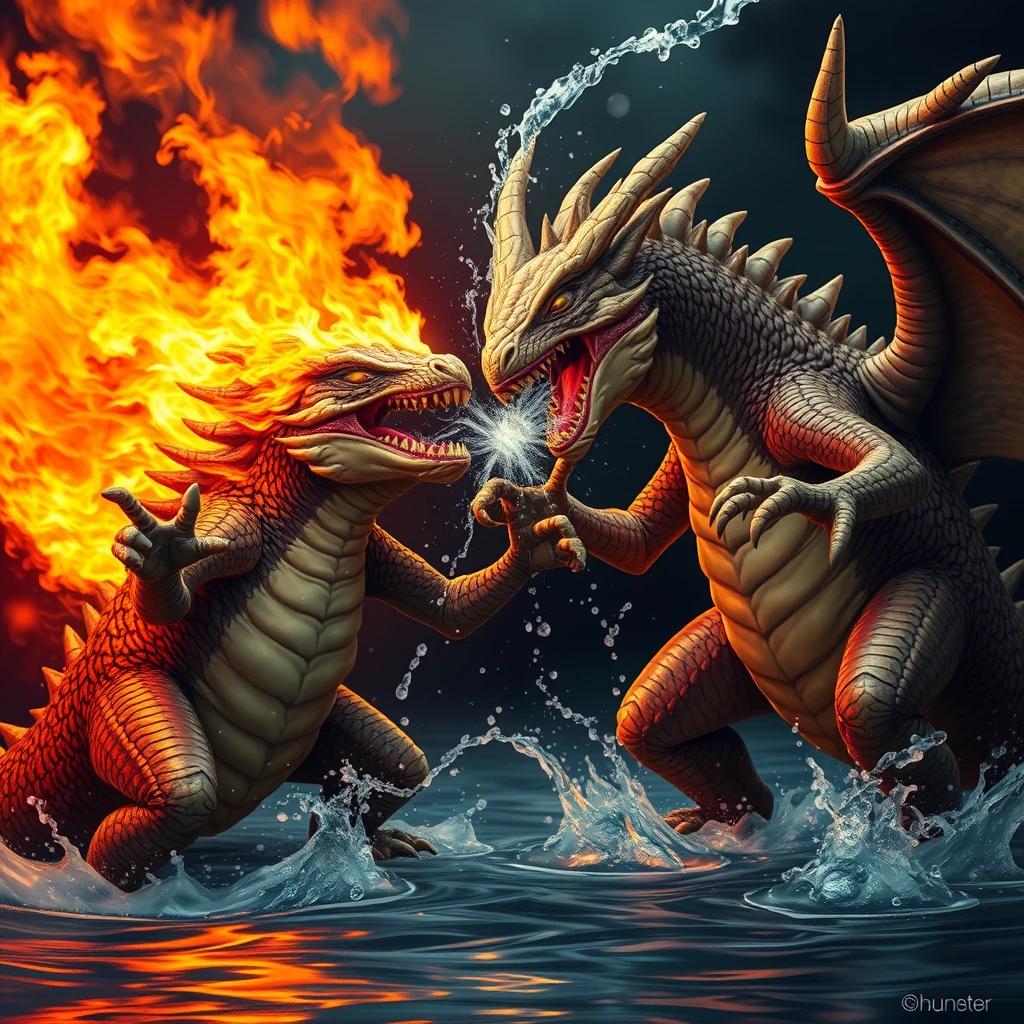 Two very photogenic monsters are fighting, one is breathing fire and the other is breathing water.