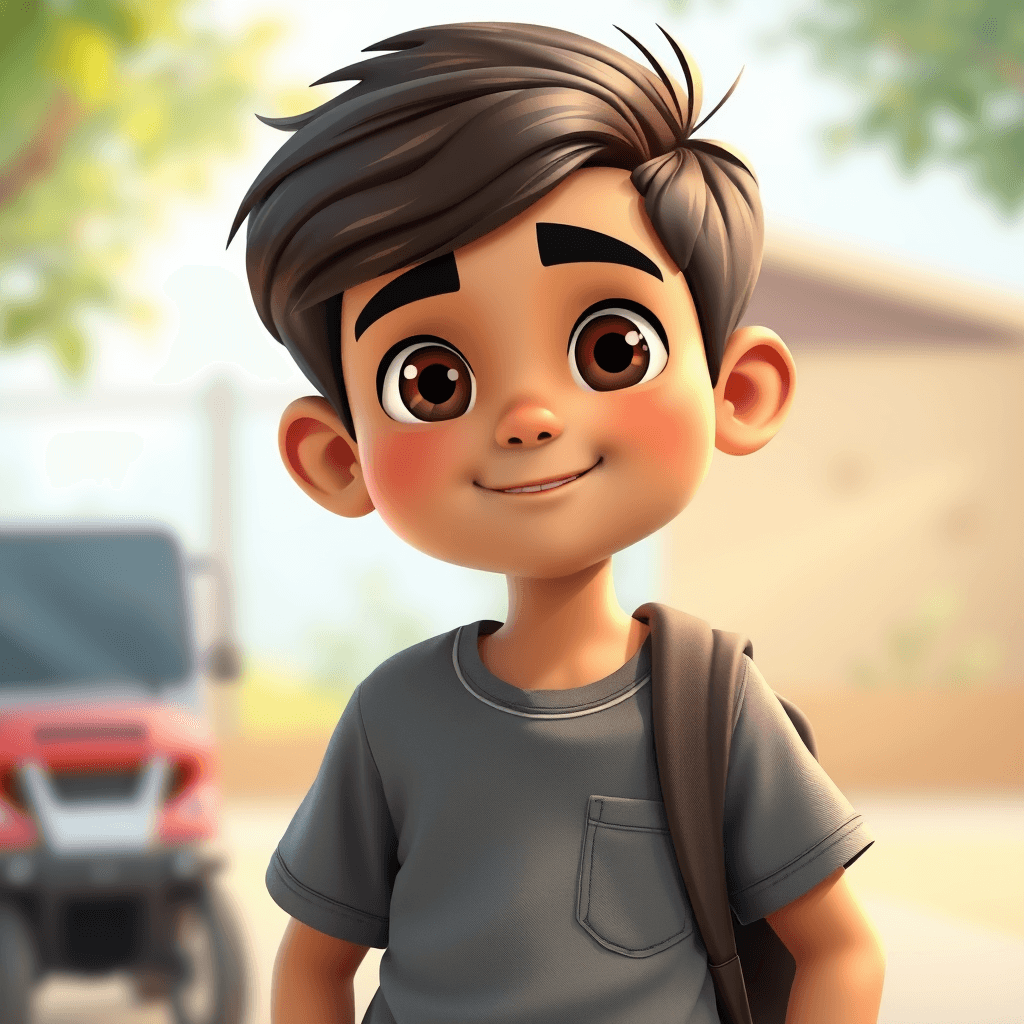 Create a 3D cartoon image of a 10-year-old Indian boy. He should have a bright and curious expression, with features typical of a young Indian child. Dress him in casual, comfortable clothing suitable for his age, such as a t-shirt and jeans or shorts. The background can be a simple, everyday setting, like a schoolyard or a park, to highlight his youthful energy and personality.