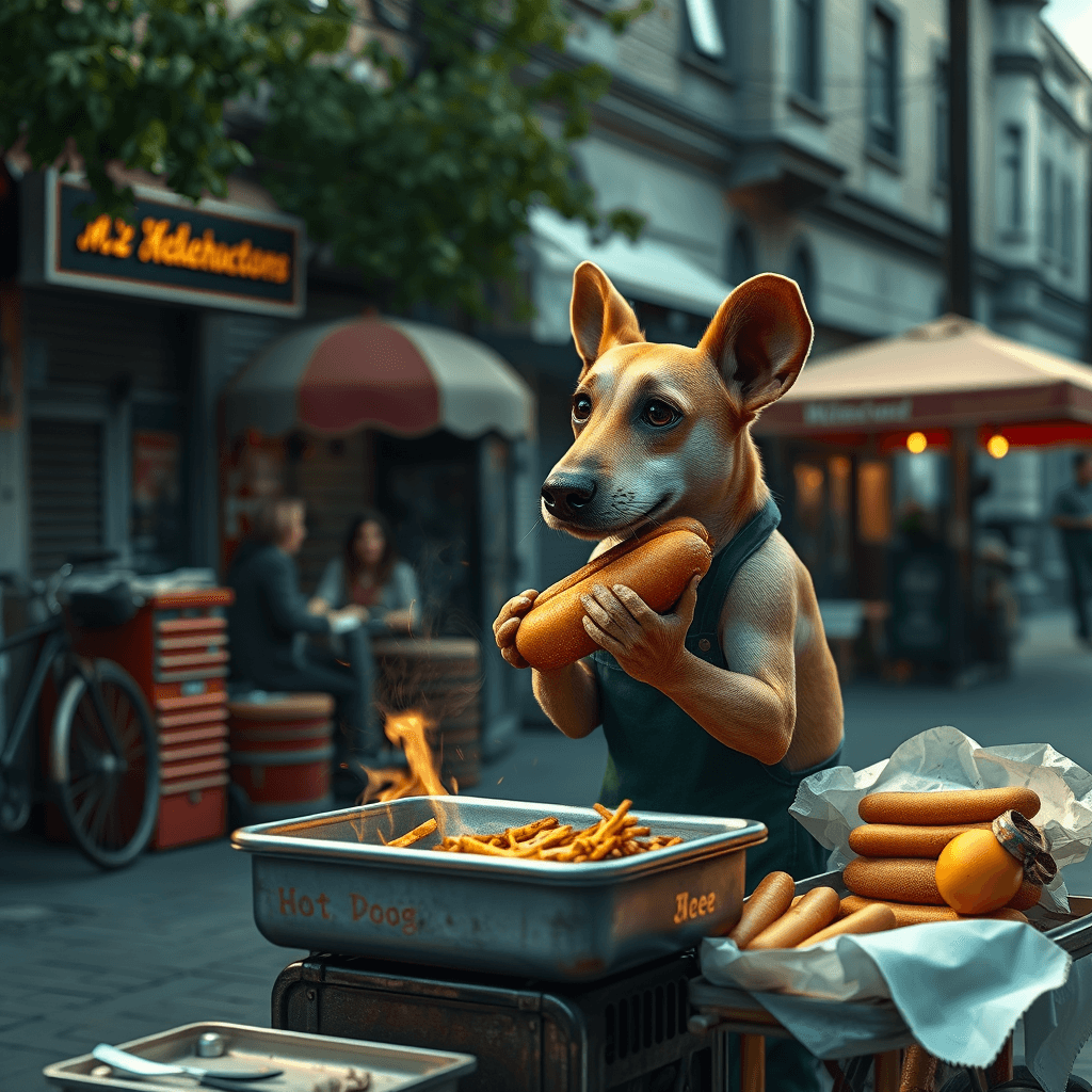 Do a unreal render , dog cooking a hot dog in the street 