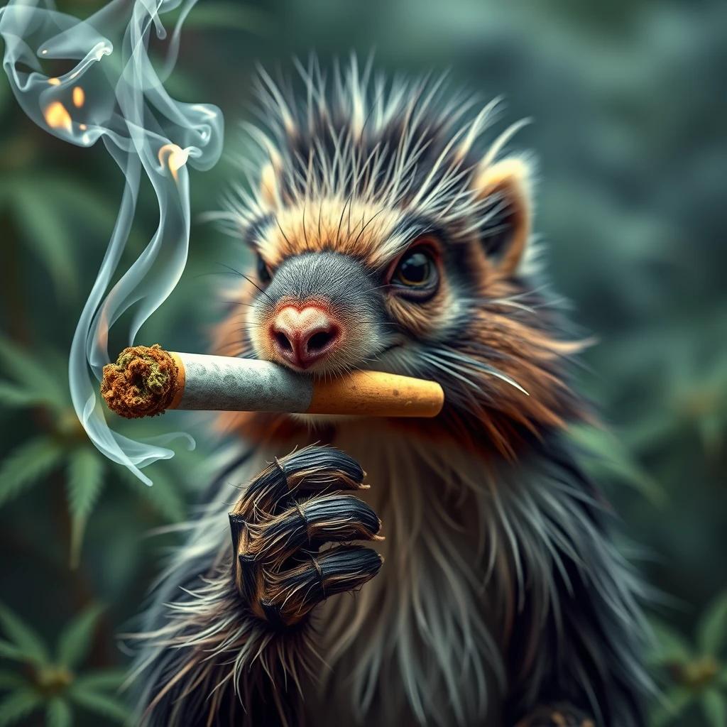 skunk holding a joint, which is a rolled cannabis cigarette. lot's of smoke around