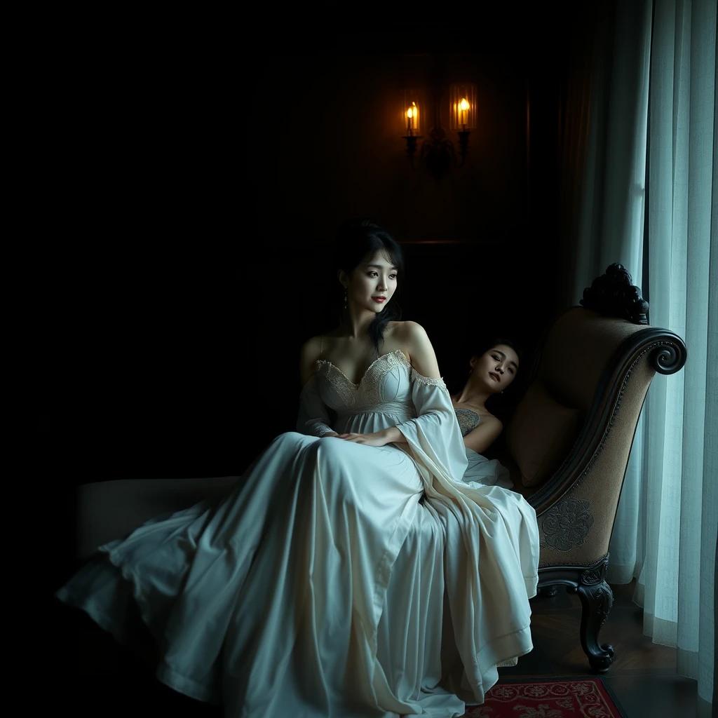 A scene of alluring mystery: A Chinese woman in a dark, intimate setting, wearing a flowing nightgown, reclining on a chaise lounge.